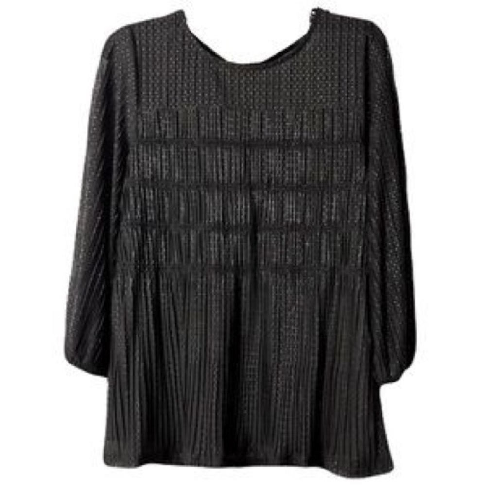 Adrianna Papell Black Gold Shimmer Polka Dot Top Sz Large Pleated Blouse Holiday
